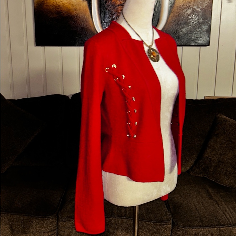 Cache ~ Women's Small ~100% Wool ~ Red Blazer Jacket W/ Lace Up Detail Hook Loop - Picture 10 of 16
